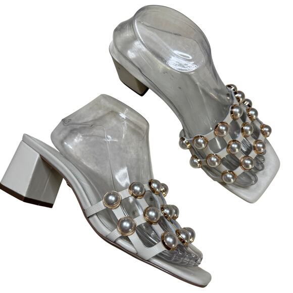 Cecelia NY Women's Silver Pearl Embellished Square Toe Block Heel Sandals Size 7 - Picture 1 of 10